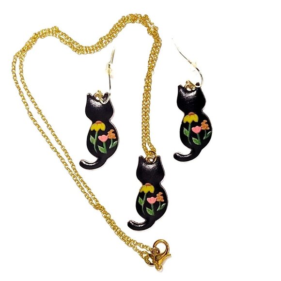 Handmade Jewelry - Flower Painted Enamel Kitty Cat Back Necklace & Earrings Set NWT